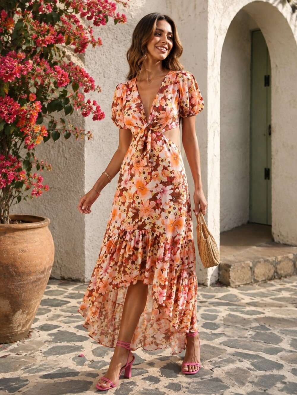 ASTR Jennell Summer Boho Maxi Dress Wedding Guest Vacation in Brown Red Floral